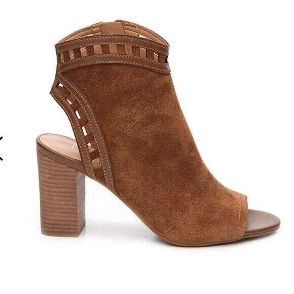 Franco Sarto Greenwich Ankle Bootie Women Sz 7.5 Cognac Leather/Suede Open Toe - Picture 1 of 16